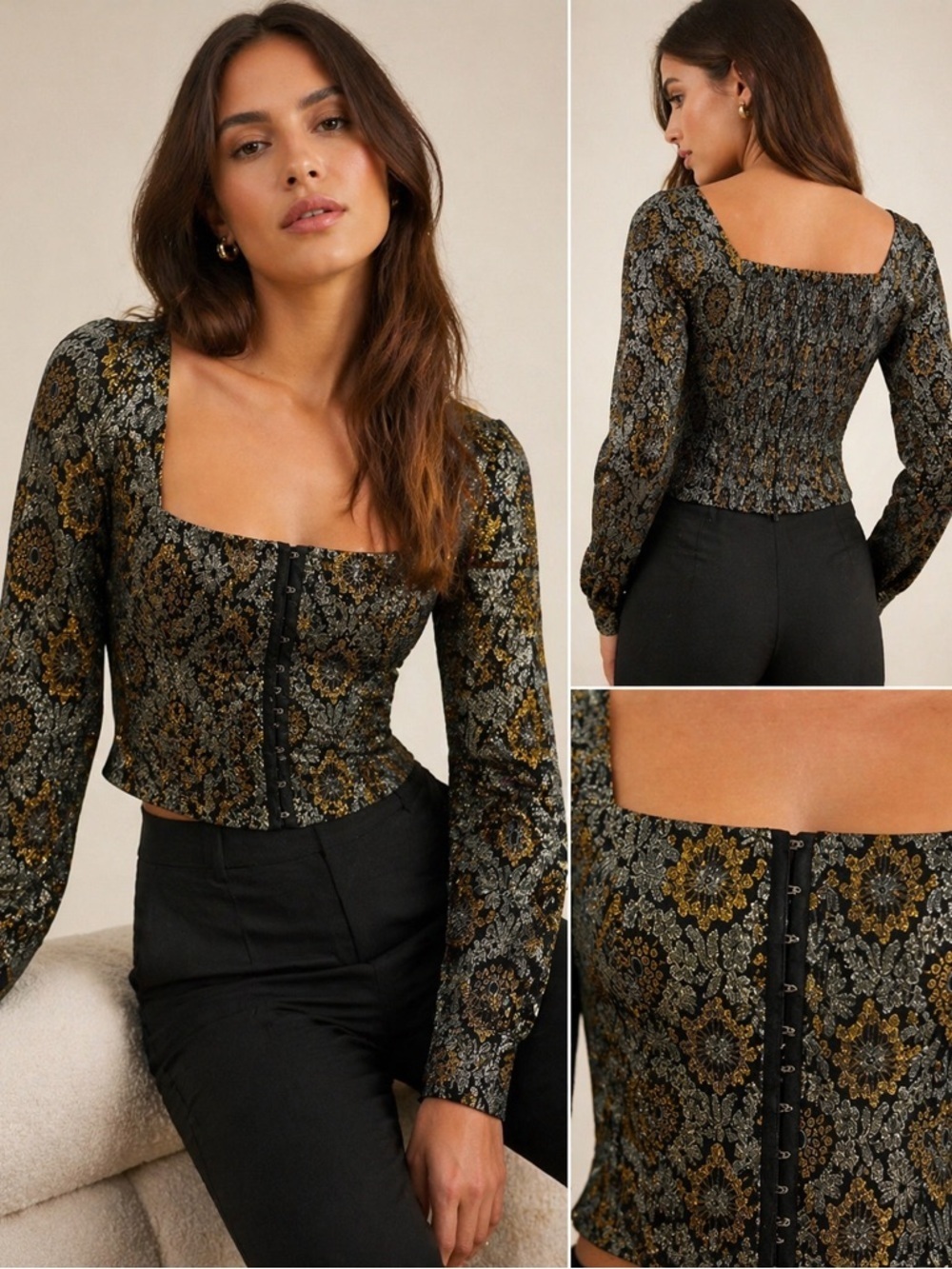Reformation Corset Top Black Gold Floral Jacquard Square Neck Hook & Eye Size 4
